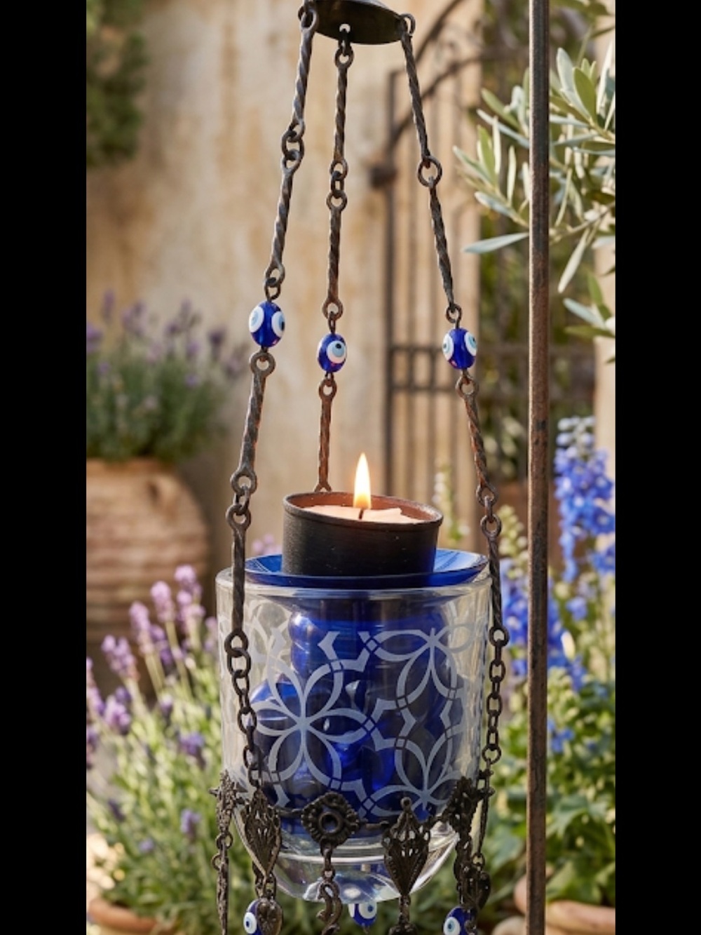 Moroccan-vintage-hanging tea light candle holder-evil eye beads for protection